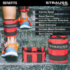Strauss Adjustable Ankle/Wrist Weights 5 KG X 2 | Ideal for Walking, Running, Jogging, Cycling, Gym, Workout & Strength Training | Easy to Use on Ankle, Wrist, Leg, (Red)
