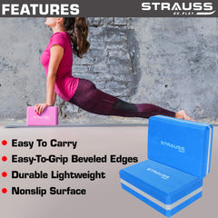 Strauss Yoga Mat 6mm, Blue With Yoga Block Pair and yoga Belt